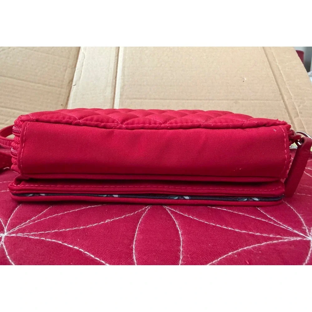 Vera Bradley Red Quilted Microfiber RFID All In One Crossbody Wallet Bag Rose